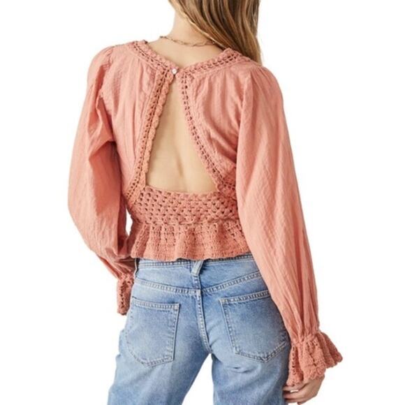 FREE PEOPLE Megan Crochet Romantic Puff Sleeve Cutouts Top in Coral Sand Sz M - Picture 2 of 16